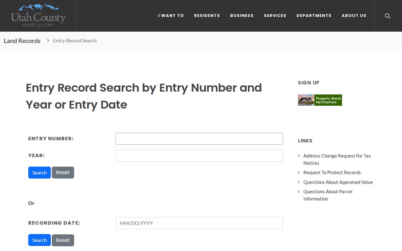 Provo public records Recorder entry and date search fields
